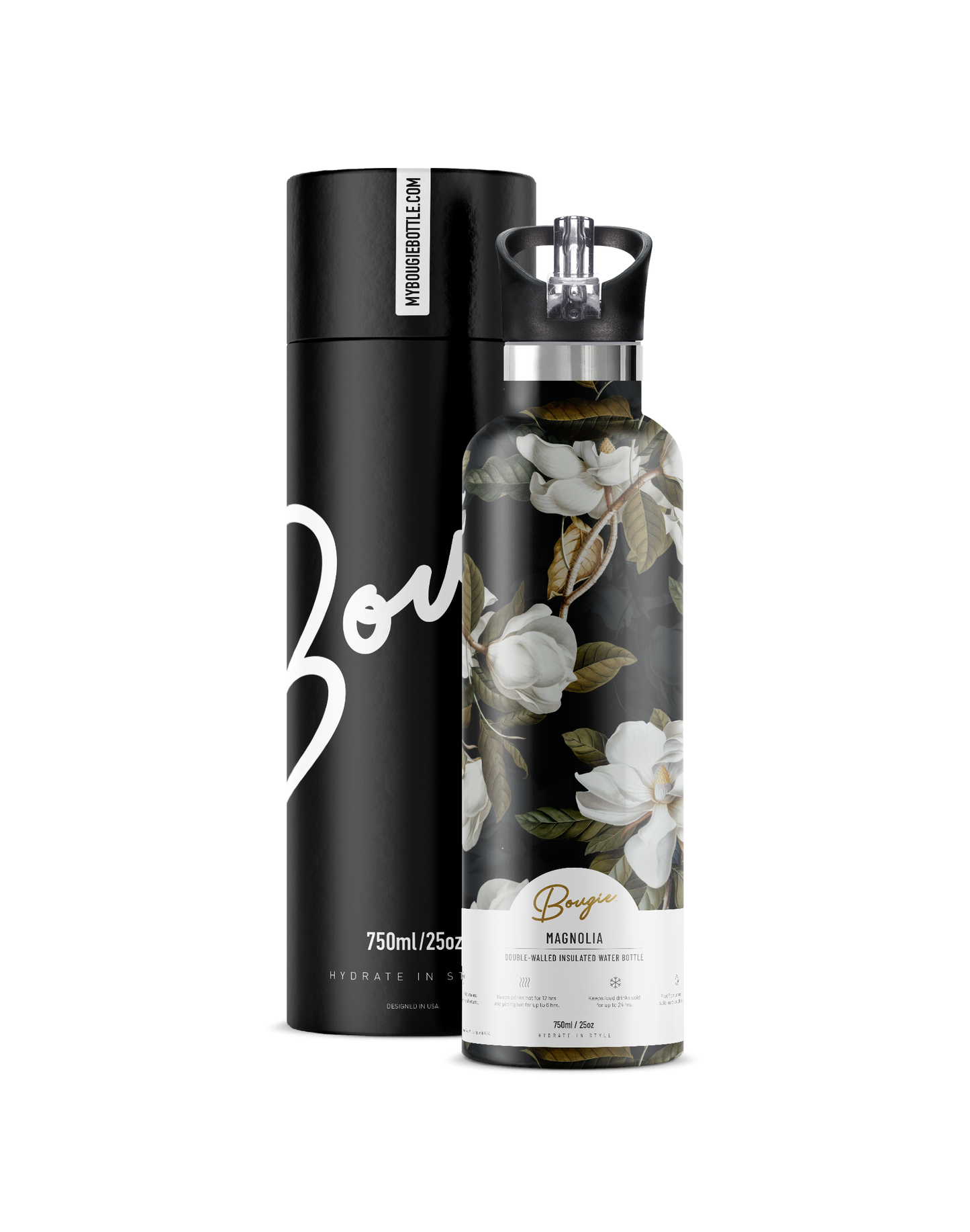 My Bougie Bottle - MAGNOLIA Dark Garden 25 oz Insulated Water Bottle : Gift Tube