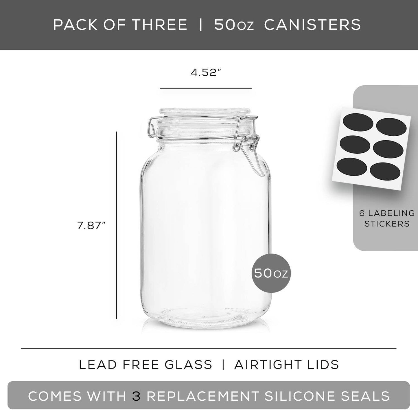 JoyJolt - Glass Food Storage Jar with Airtight Clamp Lids - Set of 3: 50 oz