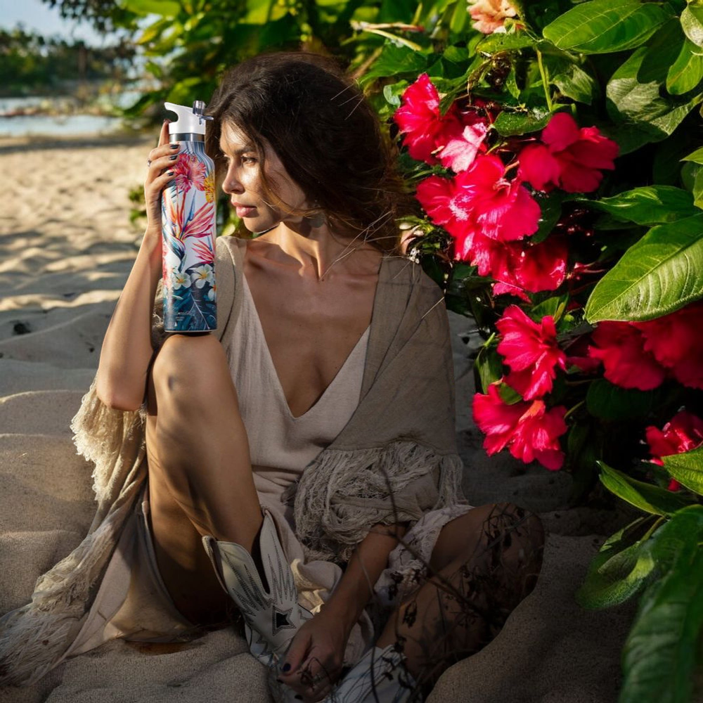 My Bougie Bottle - HIBISCUS Paradise Flower 25 oz Insulated Water Bottle: White / Gift Tube