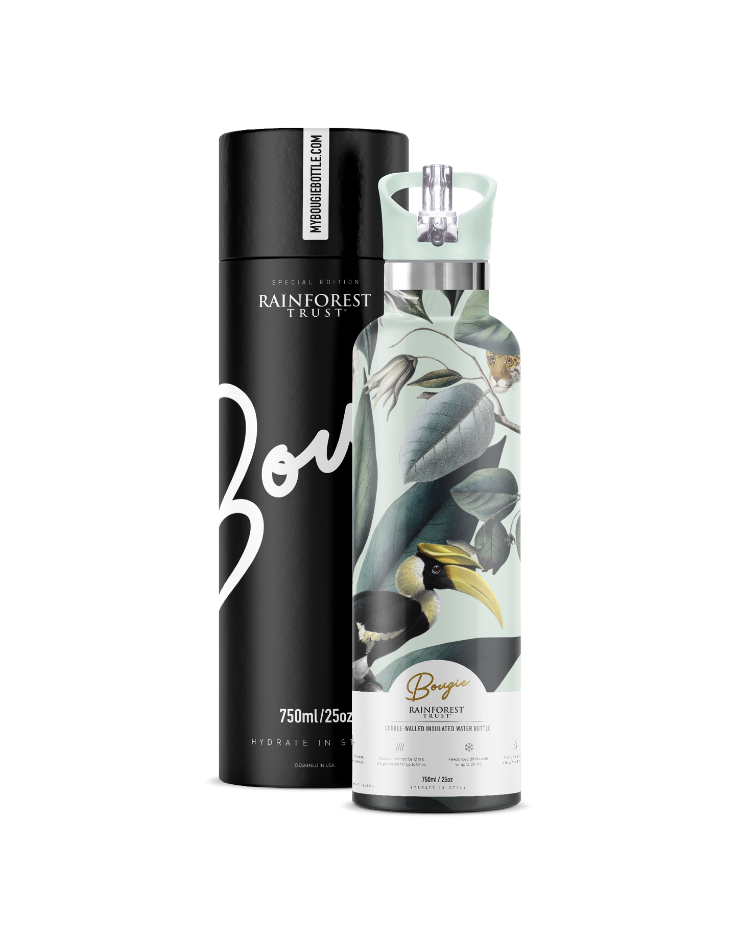 My Bougie Bottle - RAINFOREST TRUST Animal Jungle 25oz Insulated Water Bottle: Black / No Tube