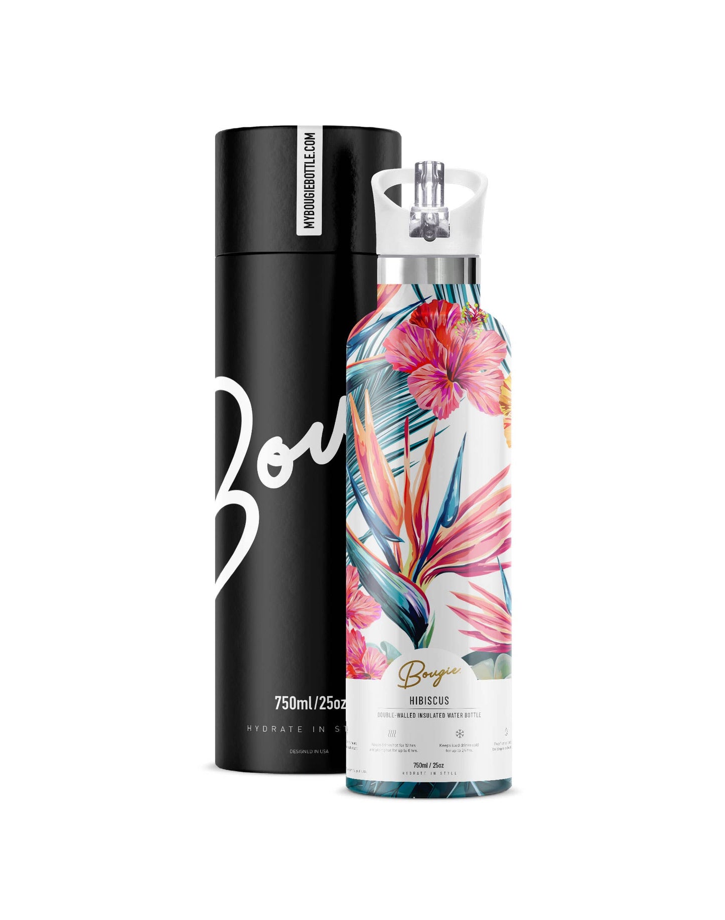 My Bougie Bottle - HIBISCUS Paradise Flower 25 oz Insulated Water Bottle: White / Gift Tube