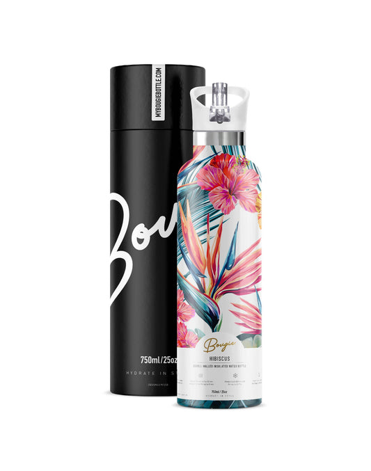 My Bougie Bottle - HIBISCUS Paradise Flower 25 oz Insulated Water Bottle: White / Gift Tube